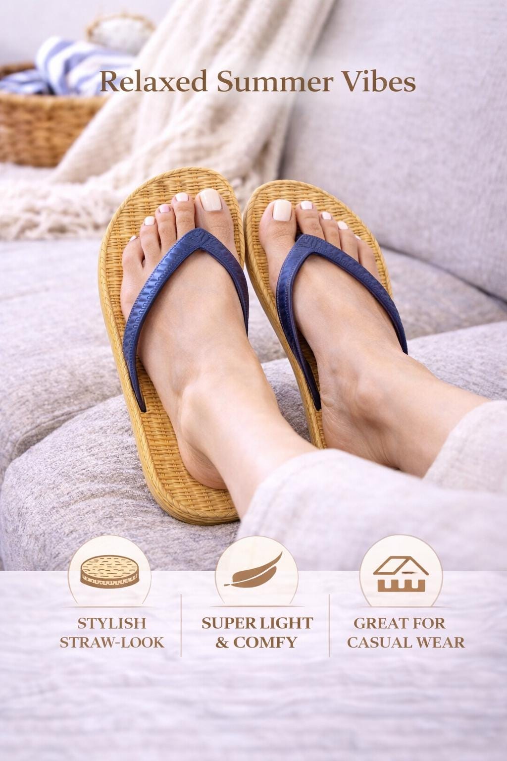 Woven Straw-Look Flip Flops, Lightweight Beach Sandals, Tan Thong Slippers