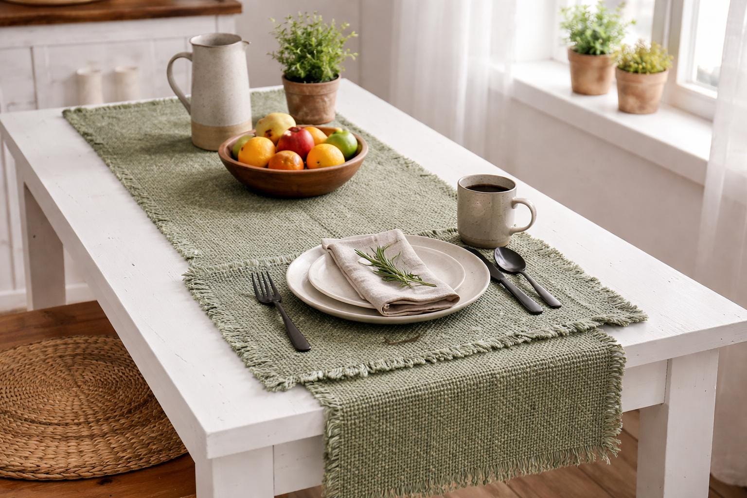 181 Degrees Sage Green Cotton Blend Table Runner with Fringe, 4 pcs Placemat Set 19x92