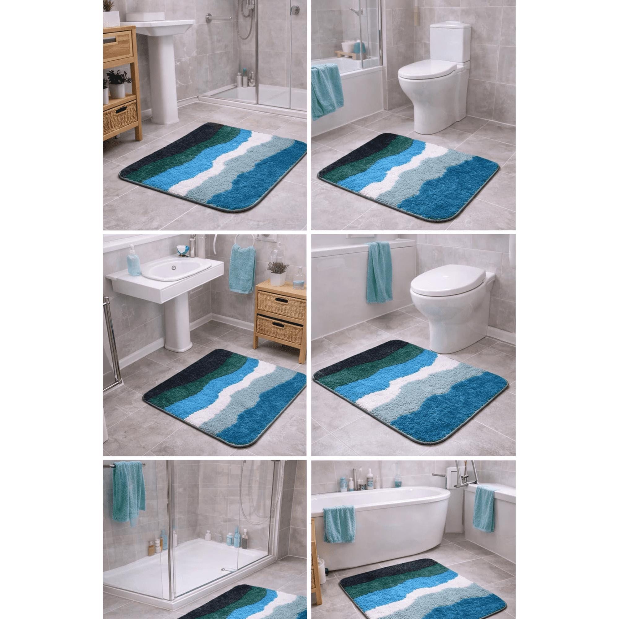 181 Degrees Abstract Wave Bath Mat, Blue Green White Plush Microfiber Rug (24x16 Inch)