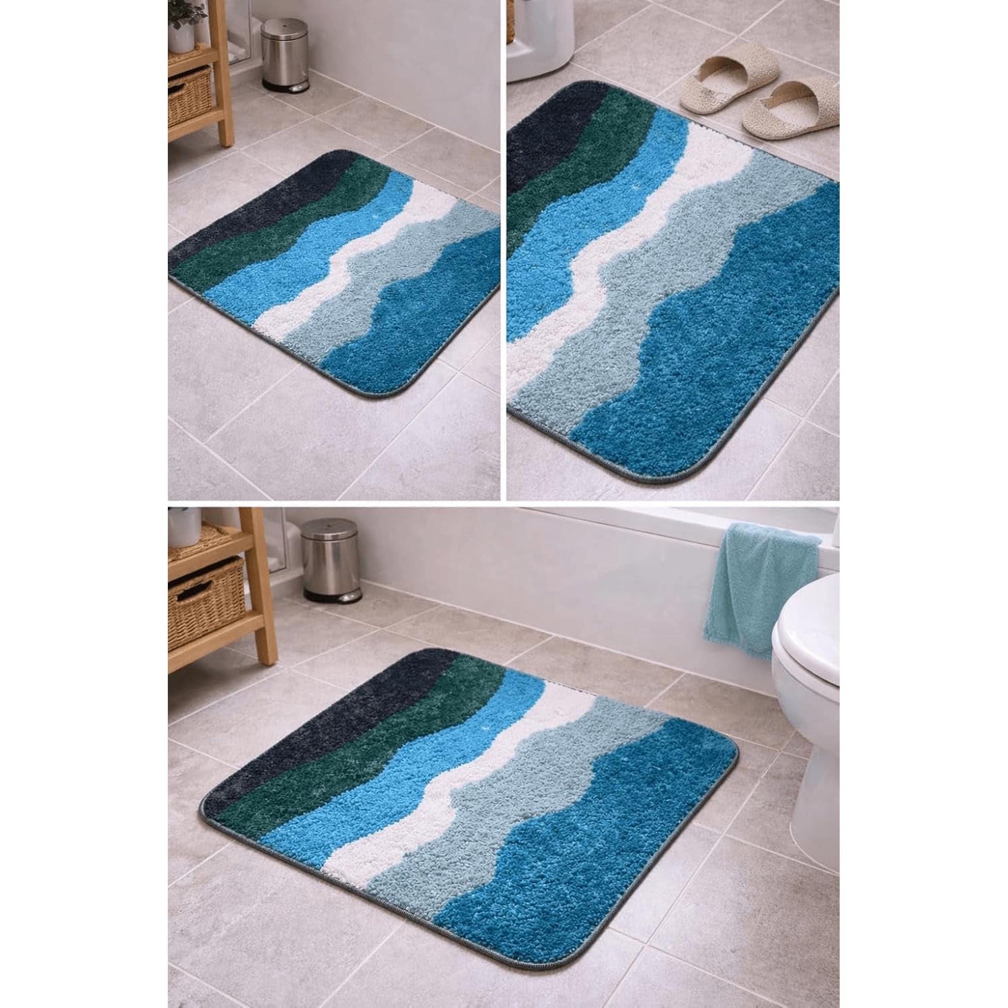 181 Degrees Abstract Wave Bath Mat, Blue Green White Plush Microfiber Rug (24x16 Inch)