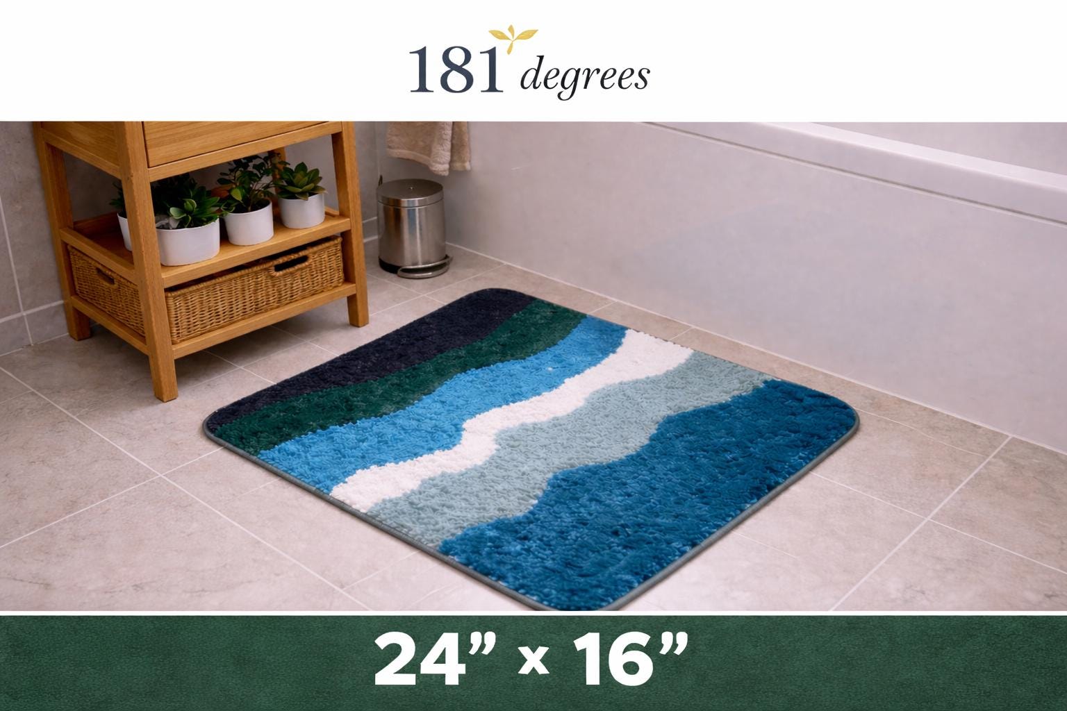 181 Degrees Abstract Wave Bath Mat, Blue Green White Plush Microfiber Rug (24x16 Inch)