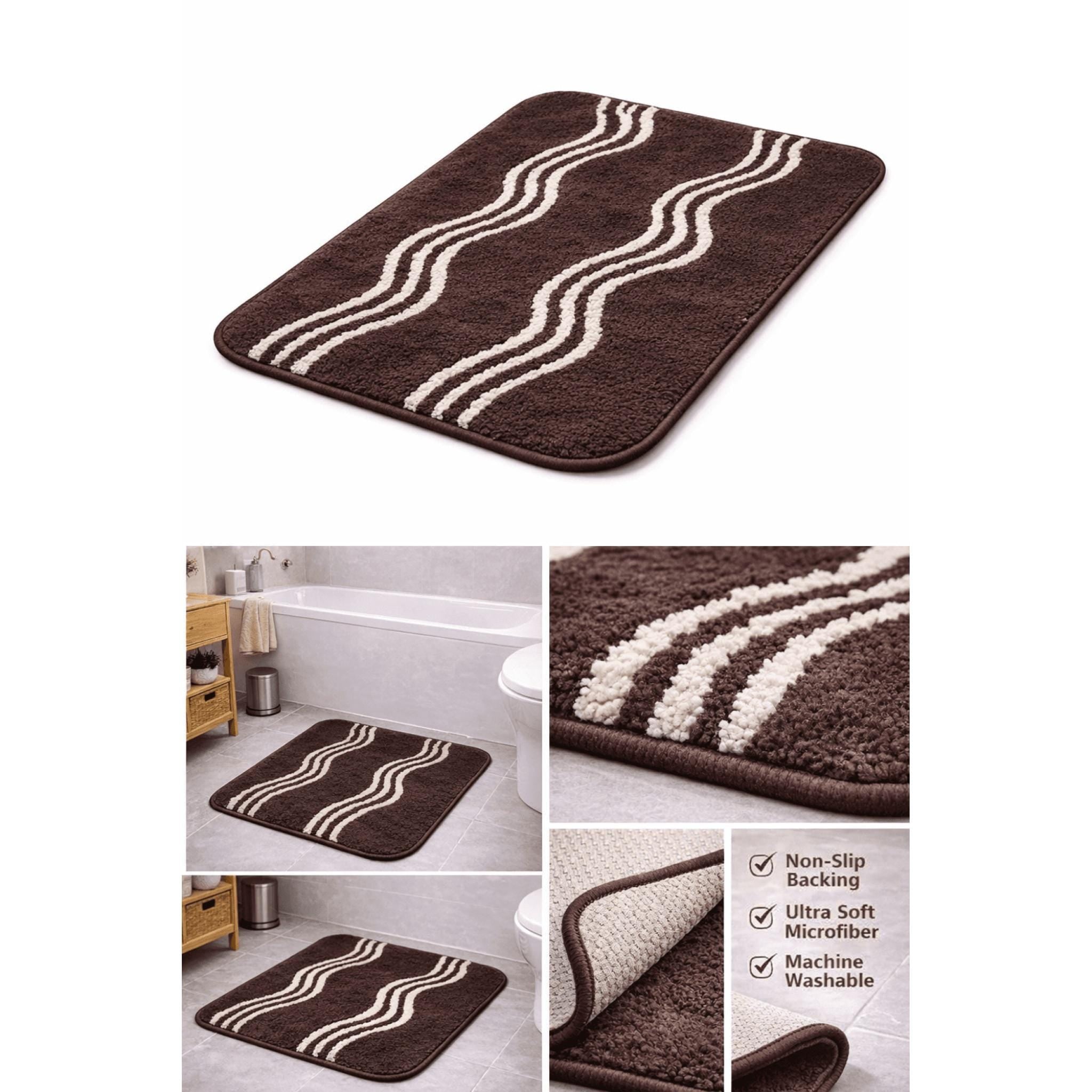 181 Degrees Brown Wavy Stripe Bath Mat, Soft Absorbent Non-Slip Bathroom Rug (24x16 Inch)