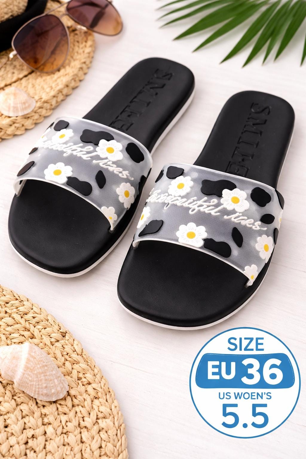 181 Degrees Women's Floral Slide Sandals, Daisy Slip-On Summer Flats