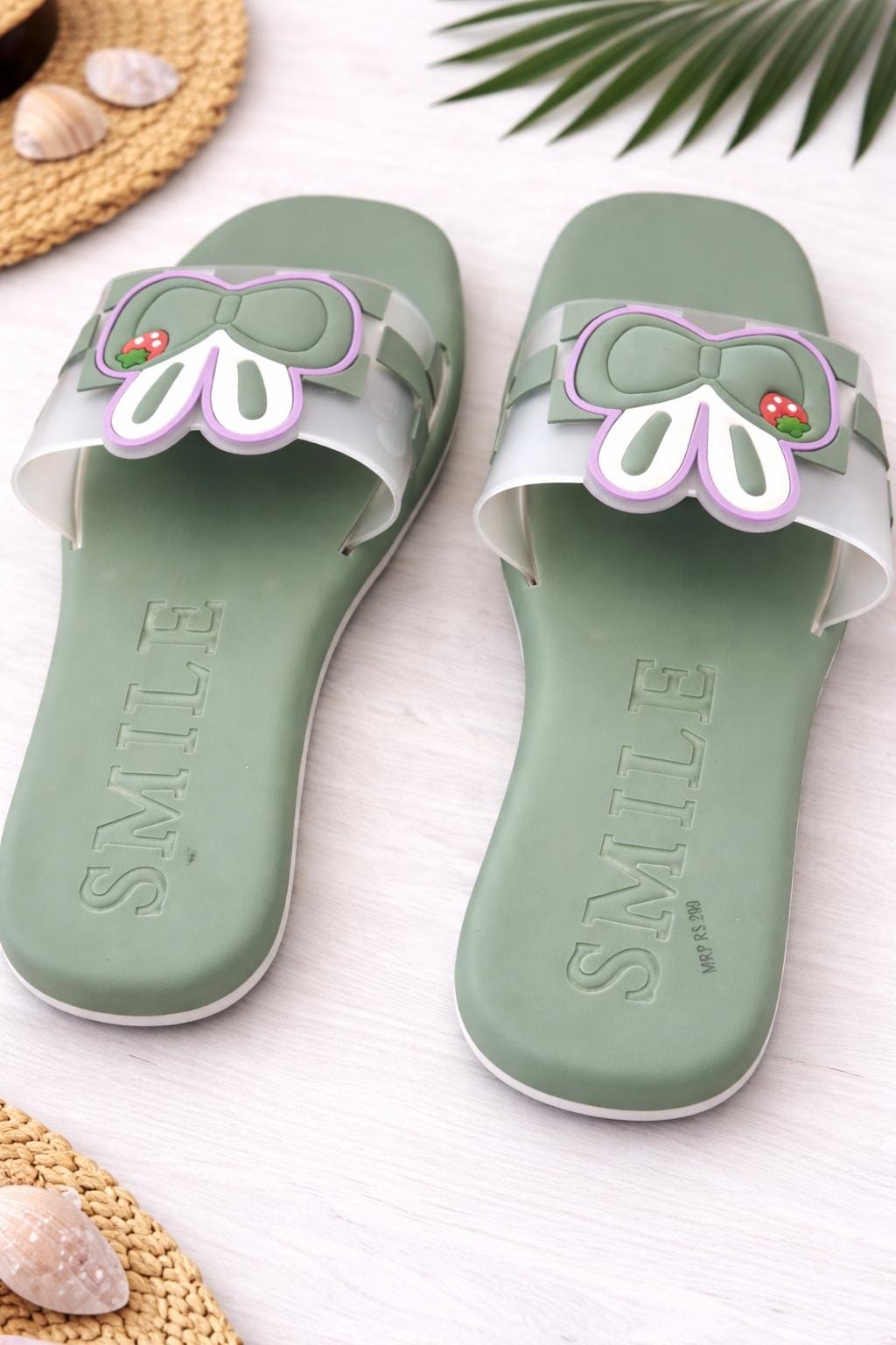 Green Bow Slide Sandals, Cartoon Summer Beach Slip-On Flats