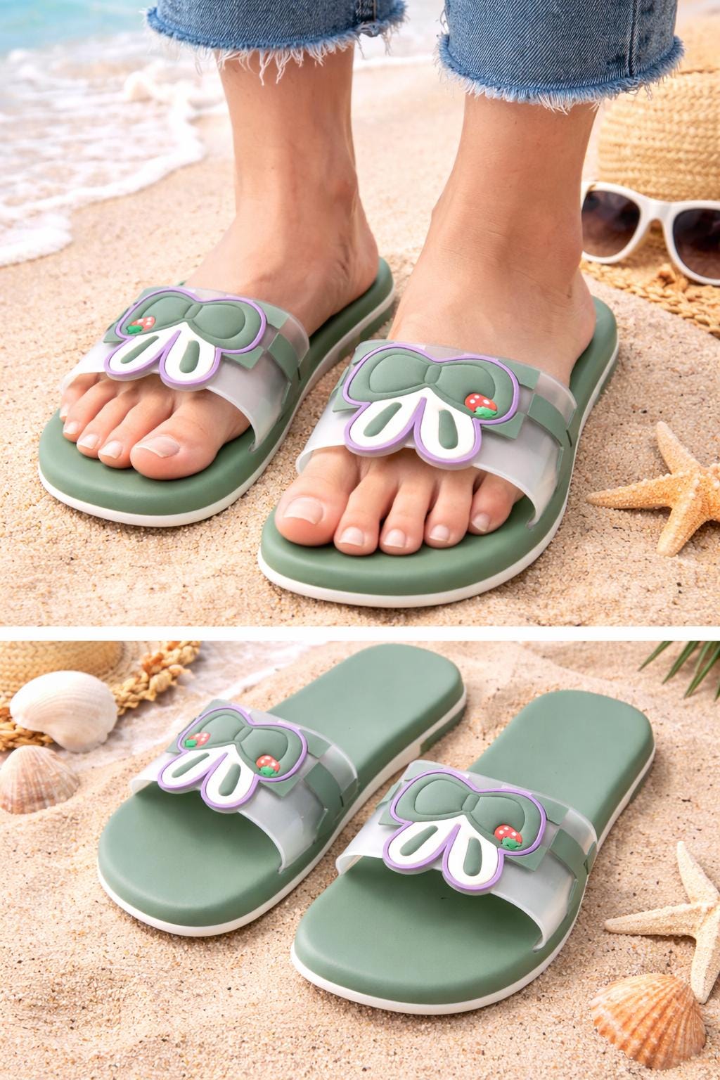 Green Bow Slide Sandals, Cartoon Summer Beach Slip-On Flats