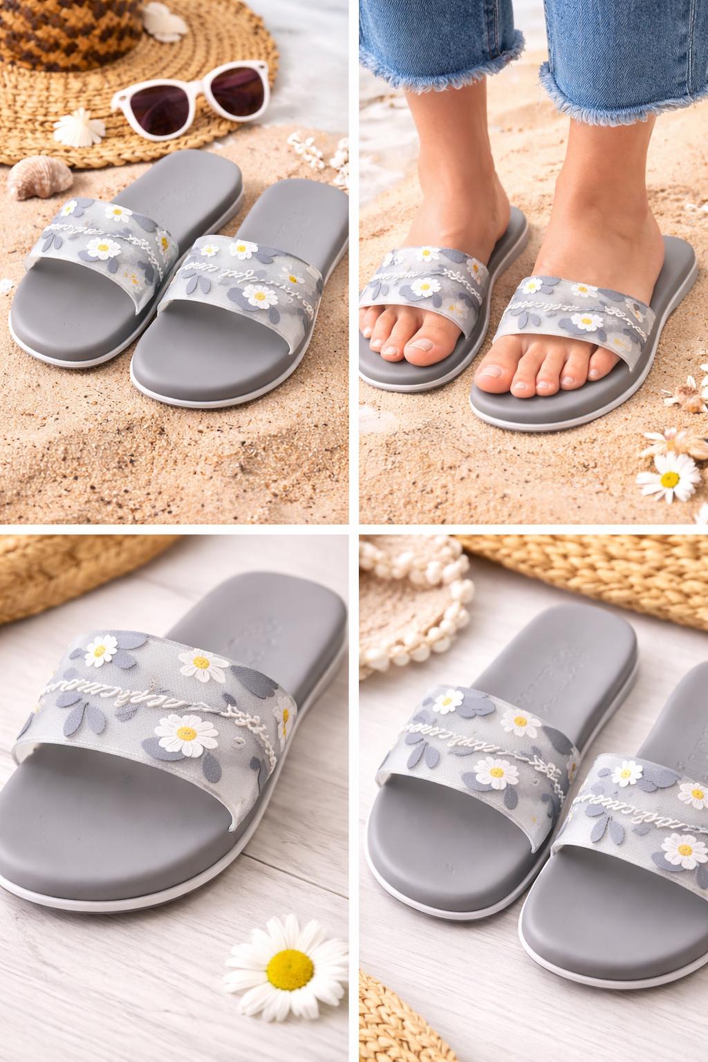 Grey Floral Daisy Slide Sandals, Women's Summer Slip-On Beach Slides
