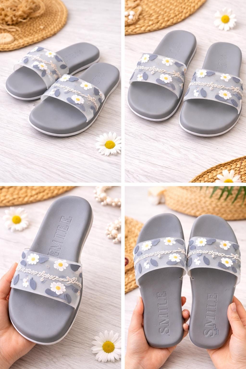 Grey Floral Daisy Slide Sandals, Women's Summer Slip-On Beach Slides