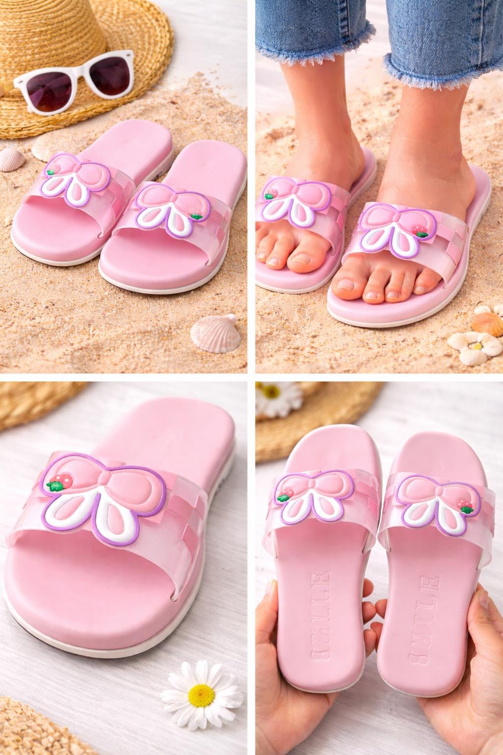Pink Bow Slide Sandals, Cartoon Summer Beach Slippers, Casual Flat Open-Toe Slides
