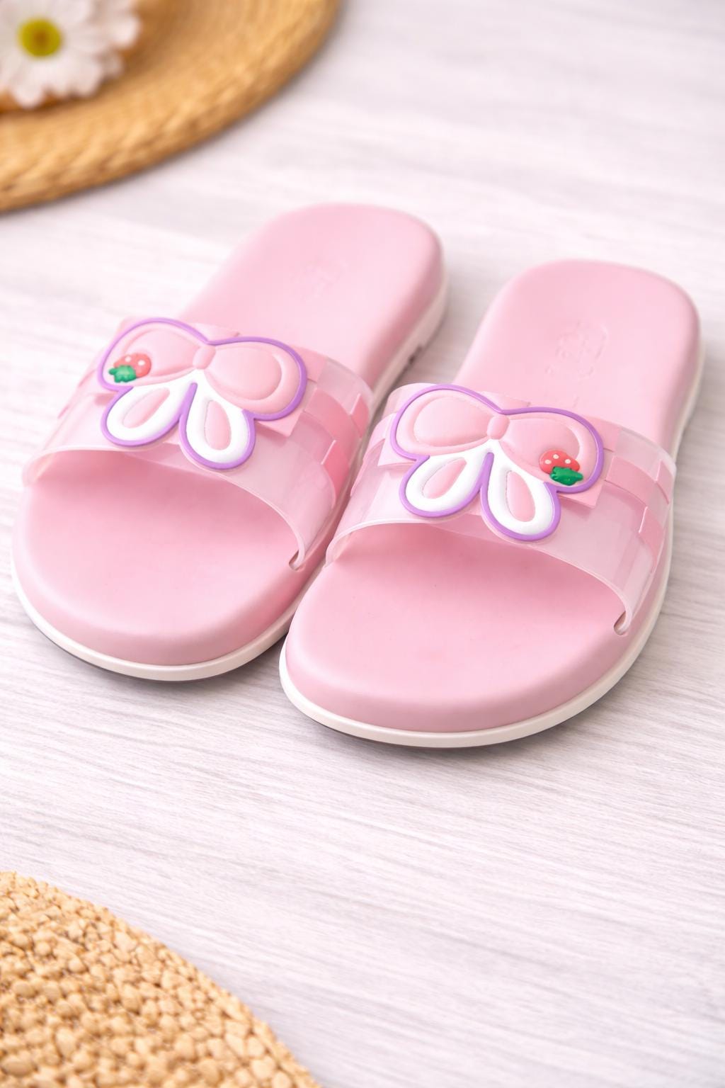 Pink Bow Slide Sandals, Cartoon Summer Beach Slippers, Casual Flat Open-Toe Slides