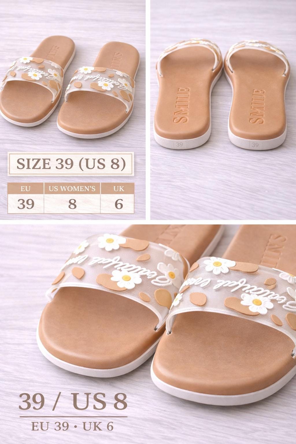 Beige Floral Slide Sandals, Daisy Slip-On Summer Beach Slippers