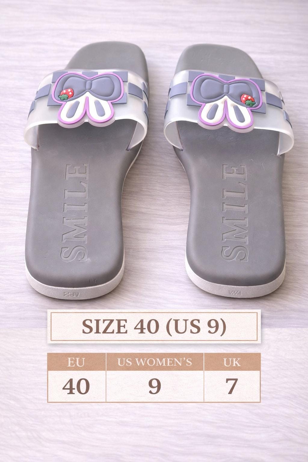 Grey Bow Slide Sandals, Cartoon Bow Slip-On Summer Slides, Casual Beach Slippers