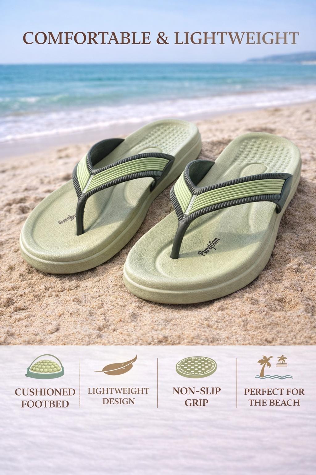 Green Flip Flop Sandals, Cushioned Massage Footbed, Lightweight Non-Slip Slides