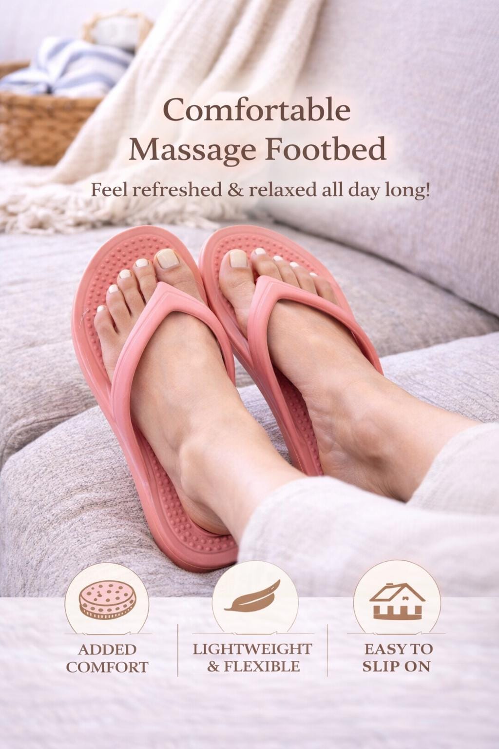 Pink Flip Flop Sandals, Massage Footbed, Lightweight Beach Slides