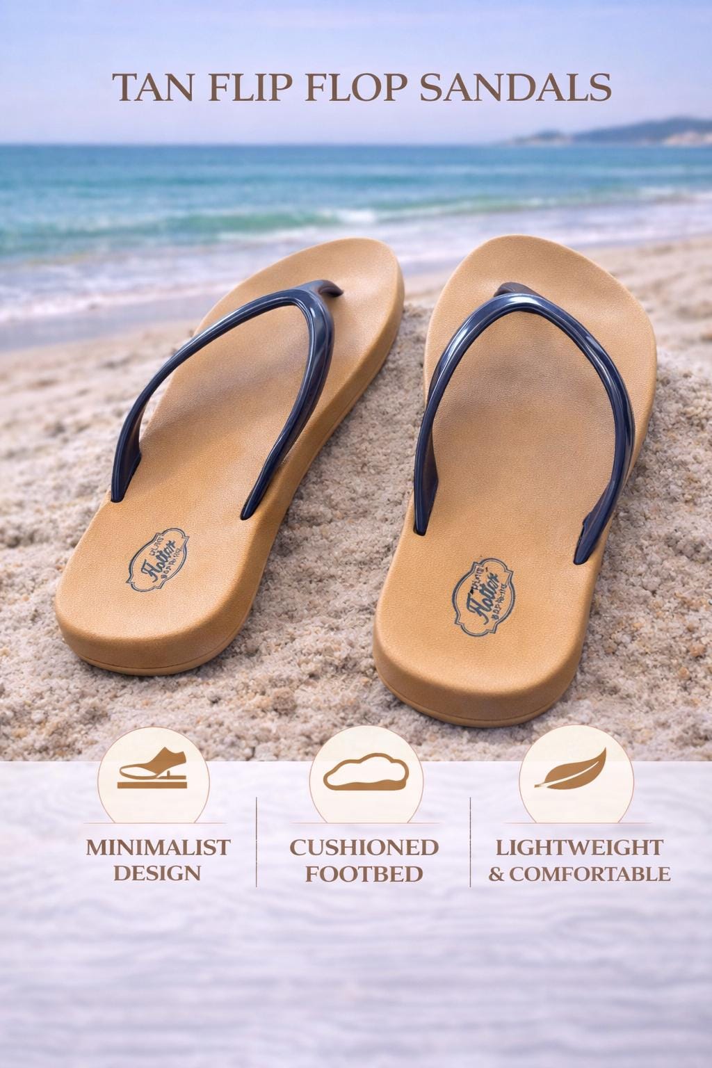 Womens Tan Flip Flop Sandals, Minimalist Thong Sandals, Lightweight Summer Slides, Casual Beach Slippers.