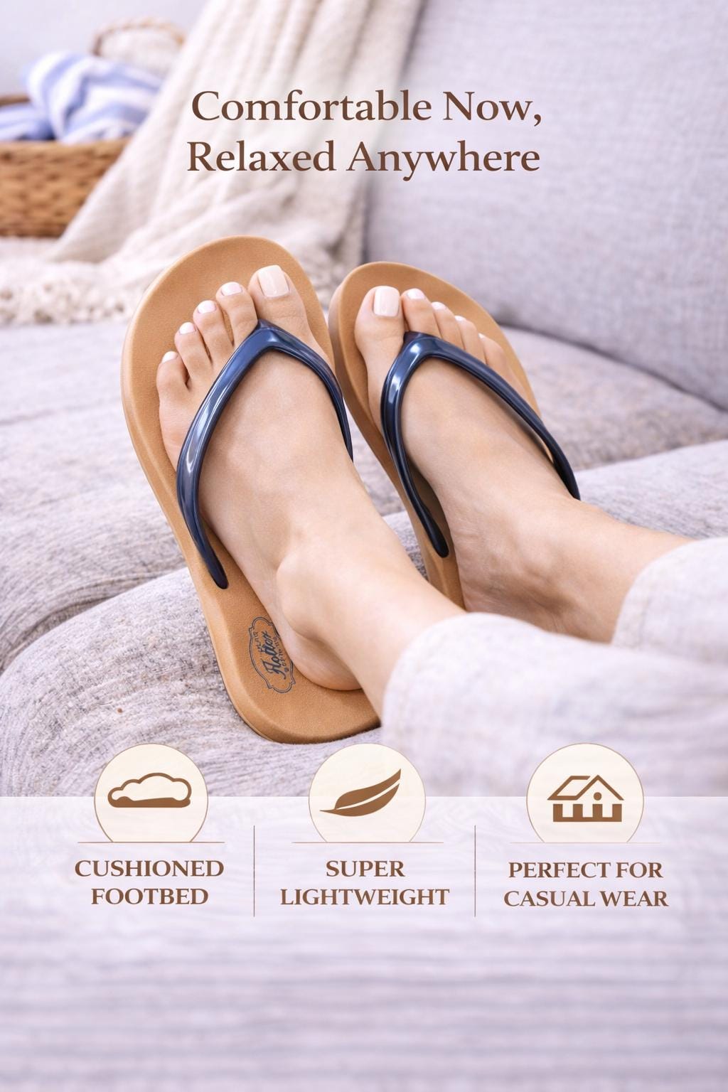 Womens Tan Flip Flop Sandals, Minimalist Thong Sandals, Lightweight Summer Slides, Casual Beach Slippers.