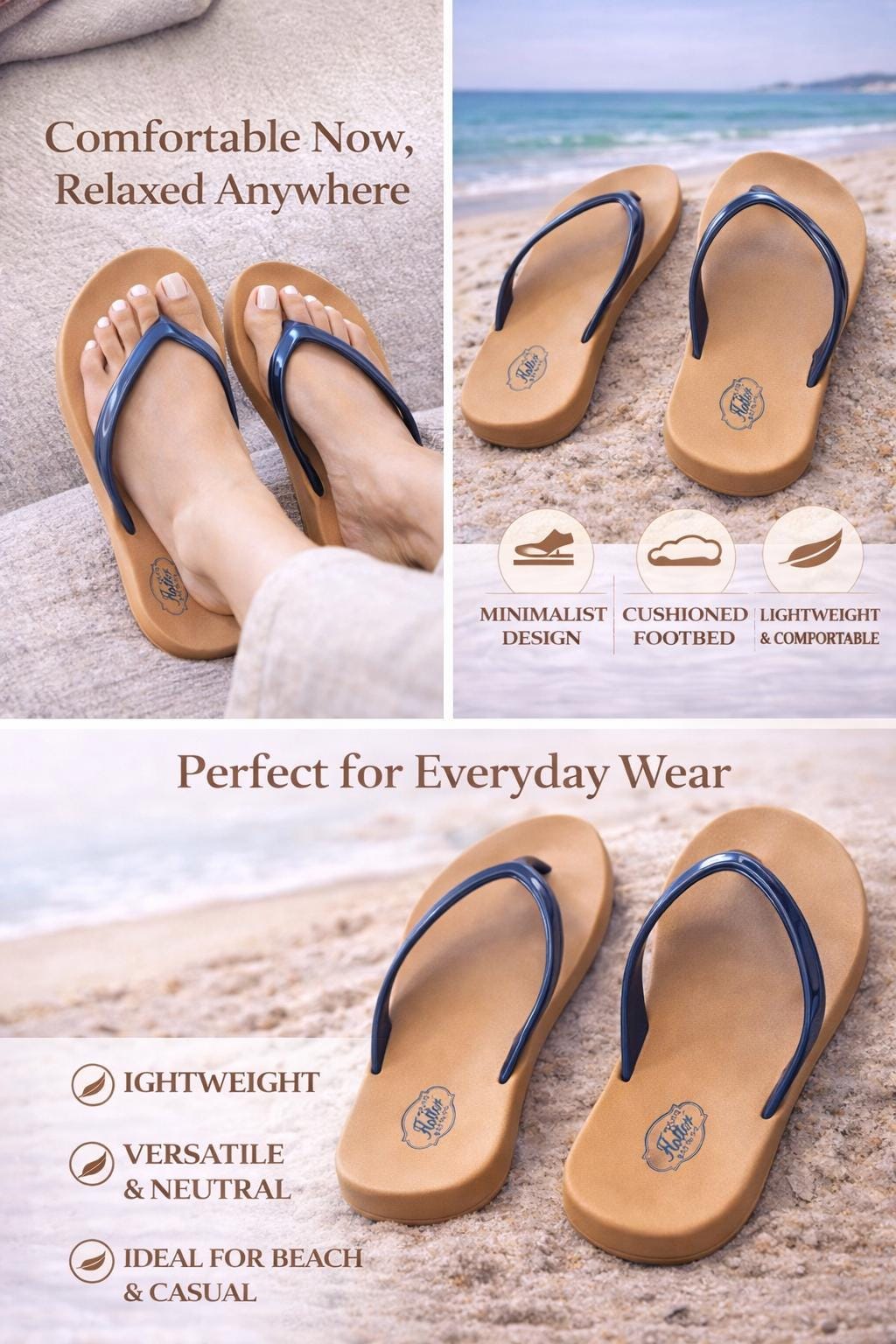 Womens Tan Flip Flop Sandals, Minimalist Thong Sandals, Lightweight Summer Slides, Casual Beach Slippers.